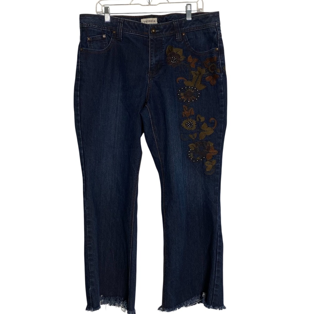 Venezia Womens Dark Wash Floral Embroidered Studded Raw Hem Jeans Plus Size 16 - Picture 2 of 11